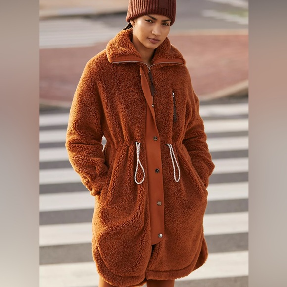 Varley Jones Sherpa Coat Medium Caramel Cafe New Long Teddy Jacket Rust - Picture 4 of 13